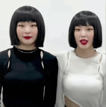 two women wearing wigs are standing next to each other .