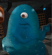 a blue cartoon character with one eye is giving the middle finger
