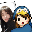 a girl in a penguin costume is holding a pillow next to a cartoon girl in a penguin costume .