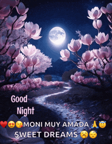 a good night message with a full moon and pink flowers