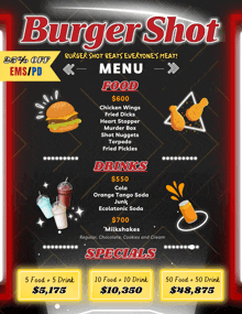 a menu for a restaurant called burger shot with a 25 % off offer