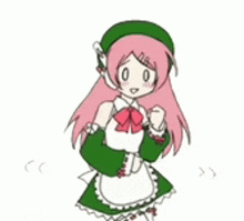 a girl with pink hair and a green hat is wearing a maid costume .