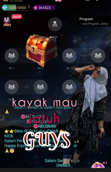 a woman in a hijab stands in front of a treasure chest with the words kayak mau guys below her