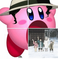 a pink cartoon character wearing a hat and standing in the snow .