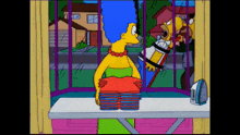 a cartoon of a woman holding a stack of clothes