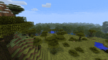 a minecraft scene with trees and grass and a small pond