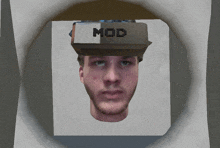 a man wearing a hat with mod written on it