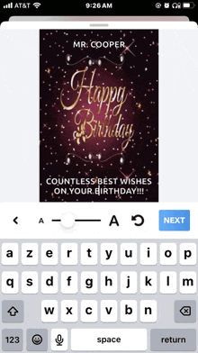 an at & t phone displays a happy birthday message