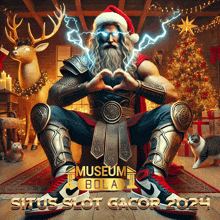 a poster for museum bola shows a man in a santa hat making a heart with his hands