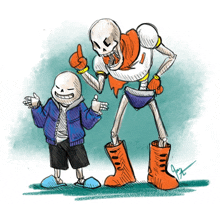 a drawing of two skeletons standing next to each other with one giving a thumbs up