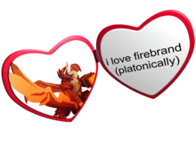 a heart shaped mirror with a picture of a dragon and the words " i love firebrand ( platonically ) "