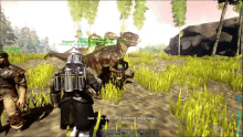 a screenshot of a video game shows a person standing next to a raptor