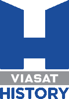 a blue logo for viasat history with a gray border