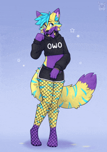 a yellow and purple furry character wearing a hoodie that says owo