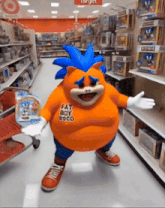 a fat sonic mascot is standing in a toy store