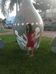 a woman in a red dress stands in front of a large vase with a sign that says rogue on it