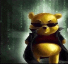 a winnie the pooh bear is wearing sunglasses and a black coat .