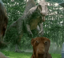 a dog is standing in front of a dinosaur in the woods