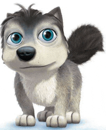 a cartoon husky puppy with blue eyes is standing on a white surface .