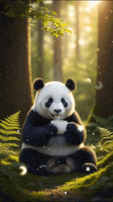 a panda bear is drinking a cup of coffee in a forest