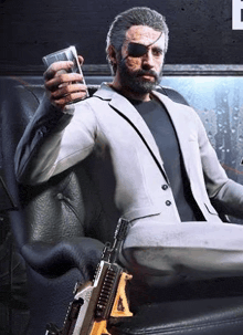 a man in a suit and eye patch is sitting in a chair holding a glass of whiskey and a gun .