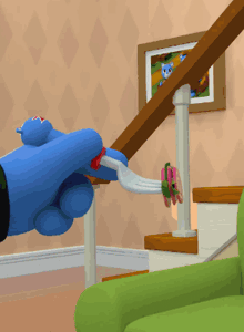 a blue glove is holding a fork in front of a stair railing