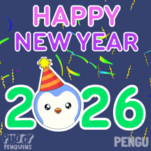 a penguin wearing a party hat with the number 2026