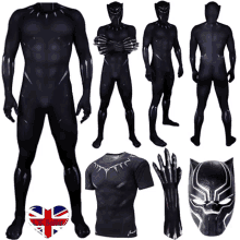 a black panther costume has a british flag on the bottom right