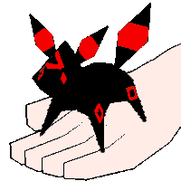 a pixel art drawing of a black and red pokemon on a person 's hand