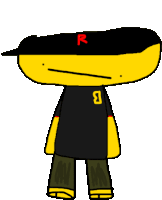 a yellow cartoon character wearing a black hat and a black shirt with the letter r on it