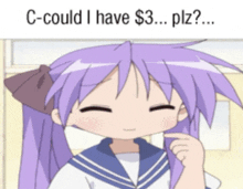 a picture of a girl with purple hair and the words " c-could i have $ 3 .. plz "