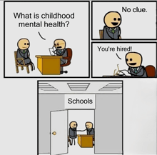 a cartoon of a man talking to another man with the words " what is childhood mental health "
