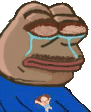 a cartoon frog is crying with tears coming out of his eyes and wearing a blue shirt .