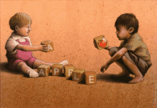 a drawing of two children playing with blocks that say apple