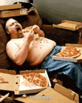 a man is laying on a couch eating pizza with the words my pizza written on the bottom