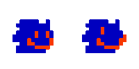 a pixel art drawing of a blue and orange object with a face on a white background .