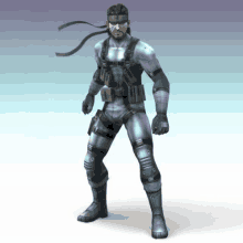 a video game character named snake is standing on a blue background .