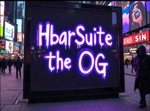 a purple sign that says hbarsuite the og on it