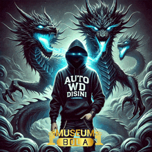 a man wearing a hoodie that says auto wd disini stands in front of two dragons