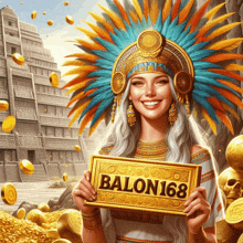 a woman in a native american headdress is holding a sign that says balon 168