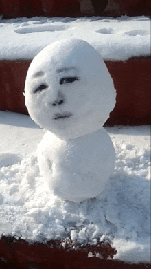 a snowman with a face is sitting on a snowy surface