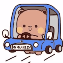 a cartoon bear is driving a blue car with a license plate that says a1220 .