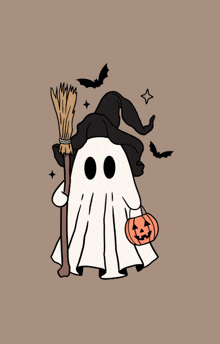 a ghost is holding a broom and a pumpkin