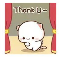 a cartoon cat is sitting in front of a red curtain with the words thank u on it .