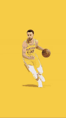 a basketball player in a yellow uniform is dribbling a basketball on a yellow background .