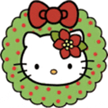 hello kitty is wearing a christmas wreath with a red bow and a flower in her hair .