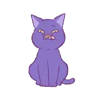 a purple cat with yellow eyes is sitting down