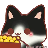 a black and white cat is holding a bowl of gold