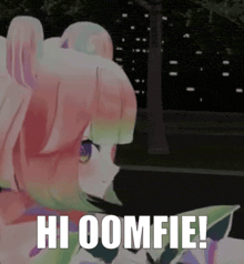 a 3d anime girl is standing in a park and says hi oomfie