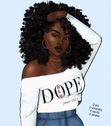 a black woman with curly hair is wearing a white off the shoulder t-shirt .